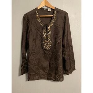 Vents d'Ailleurs Women Tunic Size 12 Brown Silk Satin Sequin Beaded Peasant Boho